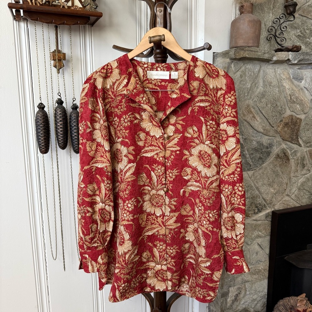 Vintage Silk Bold Floral Red Tunic Length Jacket size small 6